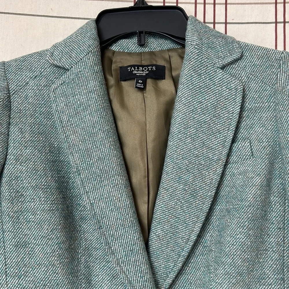 Talbots Petites Wool Blend Tweed Blazer Academia Office Preppy Festive Green 4P - Picture 4 of 14